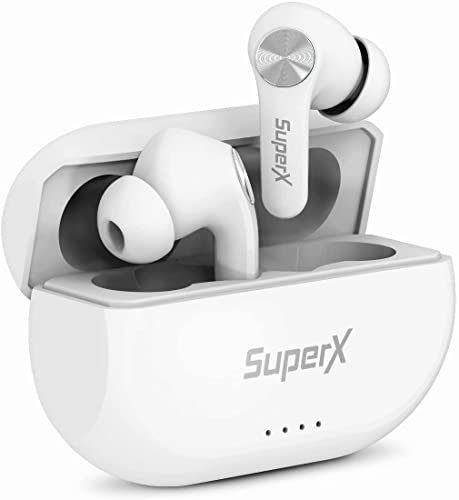 SuperX Bluetooth 5.0 Wireless Earbuds with Charging Case IPX5 Sweatproof Headset/Headphones in Ear Built in Mic Industrial Leading TWS Sound with Sport Pumping Bass - Platinum Silver