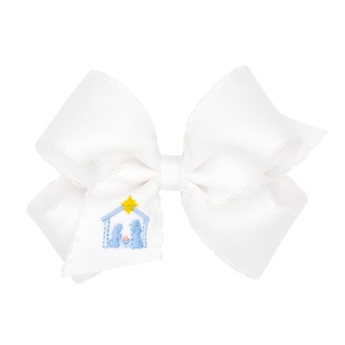 Wee Ones Girls Grosgrain Hair bow with Moonstitch Edge and Nativity Scene Embroidery, Nativity, Medium
