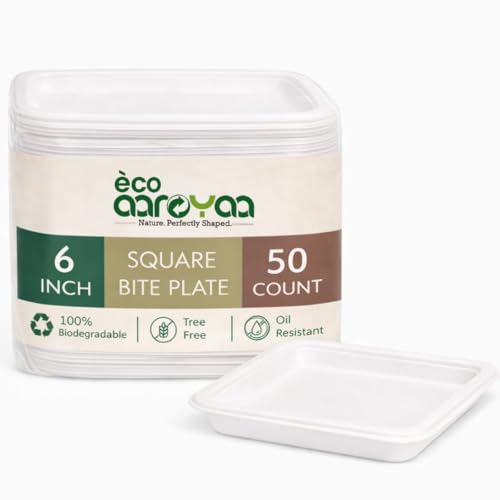Image of Eco Aaroyaa Bagasse Square DIsposable Plates - 6 inch - Eco-Friendly Biodegradable plates - Oil & Water Resistant use and throw plates for Snacks, Starters, Desserts & Parties (Pack of 50)