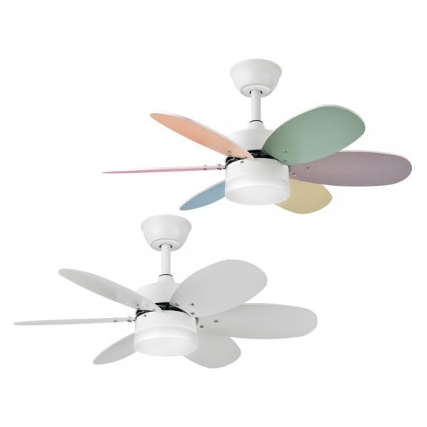 Bilake Kids Ventilador de Techo Infantil con Luz LED y Mando a Distancia, Silencioso, Aspas Reversibles, 85 cm, 3 Tonos de Luz Regulables para Habitación Infantil y Juvenil (Pastel/Blanco Reversible)