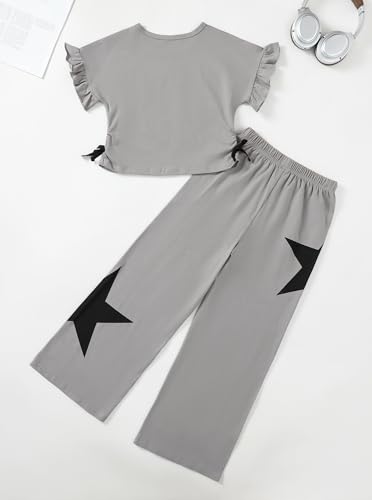 Image of Girls 2 Piece Outfits Star Print Ruffle Sleeve Tops and Wide Leg Pants Set Summer Clothes