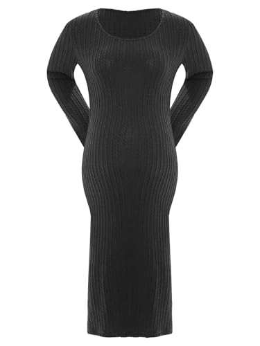 Yhong Vestido de maternidad para mujer, ajustado, manga larga, elástico, bodycon vestido de embarazo, maternidad, embarazo, hasta la rodilla, vestido de fiesta, Negro , M