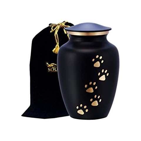 SOULURNS - Pet Urns with Paws for Dogs Ashes and Cats - Make Your Faithful Companion Rest in This Quality Urn for Dog or Cat -Including Velvet Bag (Large, Black With Brass Vertical Paws) Cover