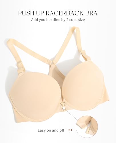 Image of YANDW Racerback Push Up Padded Bras for Women Add 2 Cup Front Closure Back Smoothing T Back Plunge Underwire Bra
