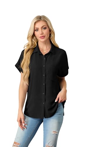 Short Sleeve Shirts for Women V Neck Loose Collared Button Down Shirt Casual Summer Tops with Pockets Beach Blouse3
