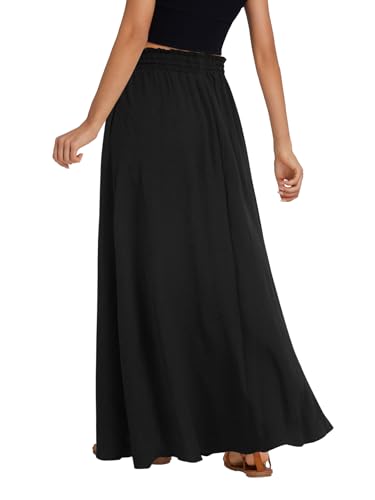 LYANER Women's Shirred Smocked Frill Drawstring Pleated High Waist Maxi Skirt with Pockets2