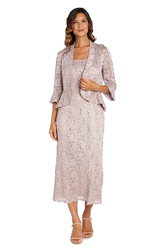 R&M Richards Womens 2-Piece Glitter Lace Jacket Dress W/Scalloped Trim for Formal & Cocktail Events.
