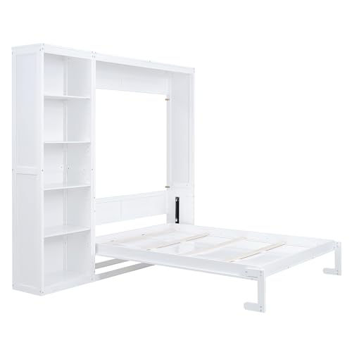 Image of Merax Space-Saving White Murphy Bed Queen Size with Adjustable Storage Shelves, Multifunctional Foldable Wall Bed for Small Spaces Studio Study Office Guest Room