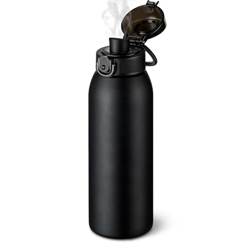 Image of Insulated Water Bottle 24 oz with Dustproof Lid, Carry Handle & Tea Infuser, BPA-Free & Leakproof, Stainless Steel Water Bottles Ideal for Fitness, Hiking, Office & Outdoor Use (Black)