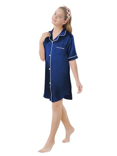 Image of Schbbbta Girls & Women Silk Nightgown, Short Sleeve Button Down Satin Nightshirt Pajama House Dress, 3 Years- Women 2XL