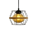 Black Industrial Hanging Lamp, Modern Design Ceiling Lighting, Metal Frame with Wood Strip, Amber Glass, Indoor Lighting for Kitchen and Living Room Generic