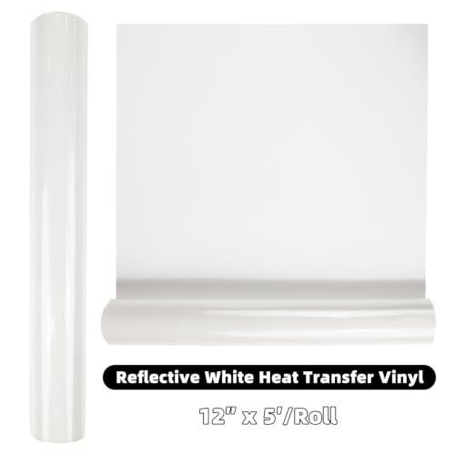 Image of HTVVETUR Reflective White HTV Roll 12 Inch by 5 Ft Heat Transfer Vinyl Iron on DIY for T-Shirt PU Stretch Elastic HTV Vinyl (Reflective White, 5FT)