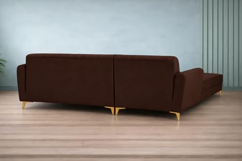 Image of Adorn India Premium Luster 6 Seater L Shape Sofa Set | Velvet Suede Fabric | 3-Year Warranty | LHS |Color Brown with Golden Legs & Striped Pattern Cushion