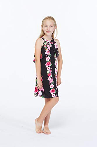 Girl Hawaiian Round Neck with Ruffle Dress in Pink Hibiscus Vine3