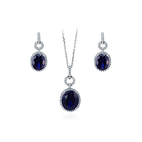 BERRICLE Rhodium Plated Sterling Silver Simulated Blue Sapphire Oval Cut Cubic Zirconia CZ Halo Bridal Bridesmaid Necklace and Earrings Set