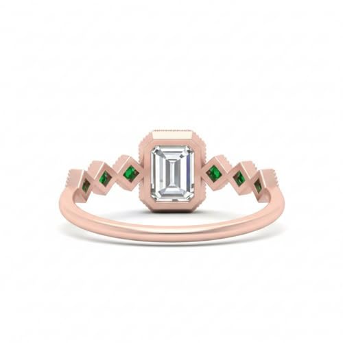 Image of Choose Your Gemstone Bezel Set Emerald Accented Diamond CZ Ring Rose Gold Plated Emerald Shape Side Stone Engagement Rings for Women, Girls and Ladies US Size 4 to 12