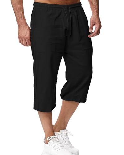 LVCBL Herren Shorts Leinen mit Kordelzug Homewear Schwarz 2XL