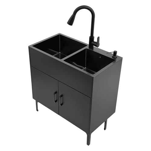 Mqwdxzfes Évier Double 75x41cm Acier Inoxydable Noir, Lavabo avec Armoire et Robinet Extractible, Ensemble Complet de Cuisine avec Égouttoir, Moderne Meuble...