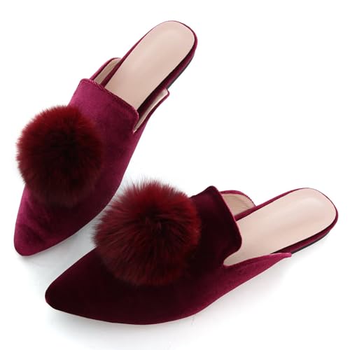 ChaiRong Zhou Women Cute Plush Ball Mule Slippers Pointy Toe Loafers Non-Slip Sole Indoor Outdoor Shoes