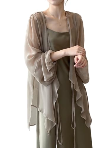 Juankrynord Moda para Mujer Verano de Manga Larga Gasa Camisa para el Sol Vestido de Fiesta Ceremonial Cárdigan de Gasa Chaqueta Suelta con Volantes (Caqui,L)