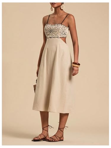 SOLY HUX Women's Midi Dress Embroidery Spaghetti Strap Cut Out A Line Flared Summer Cami Dresses3