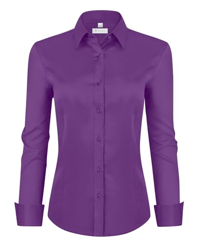siliteelon Dress Shirts for Women Long Sleeve Button Down Shirts for Women Work Shirts Office Blouse Top Deep Purple Medium