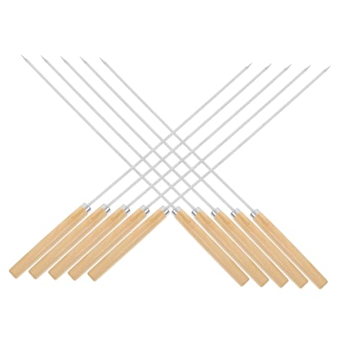 IWOWHERO 50 piezas Unidades Brochetas Barbacoa Acero Inoxidable Largas Planas y Redondas Mango Madera Antideslizante para Carne Verduras Parrilla Resistente Calor