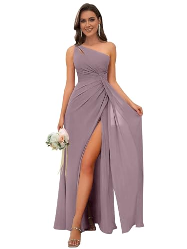 Image of OFEECHUN Women's Chiffon One Shoulder Bridesmaid Dresses Long Pleated Formal Evening Gowns with Slit