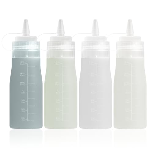 Mrsdry Condiment Squeeze Bottles 16 oz Silicone Squeeze Bottles For Sauces Leak Proof Condiment Containers with Extra Interchangeable lid Easy Squeeze for Oil Honey & Dressings BPA FREE (4 Pack)