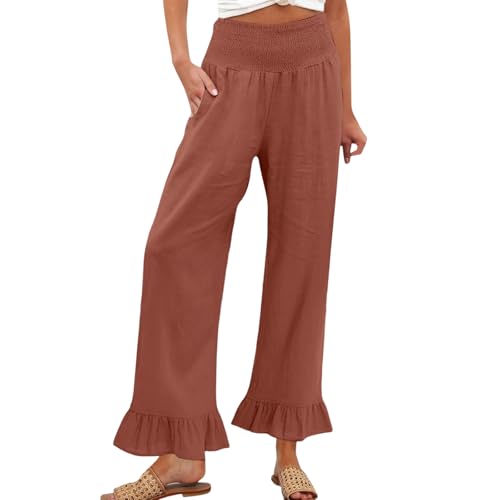 Image of Womens Linen Palazzo Pants Ruffle Hem Drawstring Boho Trousers Beach Travel Vacation Outfits