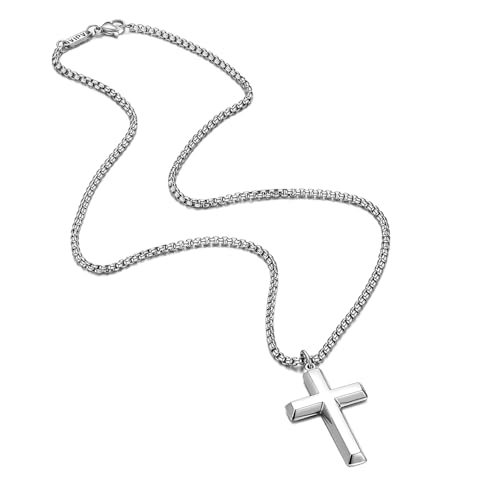 Cross Necklace for Men Silver Gold Black Stainless Steel Beveled Edge Cross Chain Pendant Christian Necklace for Men Crucifix Pendant Box Chain Length 22-24 Inch3