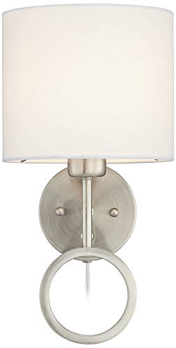 360 Lighting Amidon Modern Indoor Wall Lamp Brushed Nickel Plug-In Light Fixture Dimmable White Linen Fabric Drum Shade For Bedroom Bedside House Reading Living Room Home Hallway Dining #TOP4
