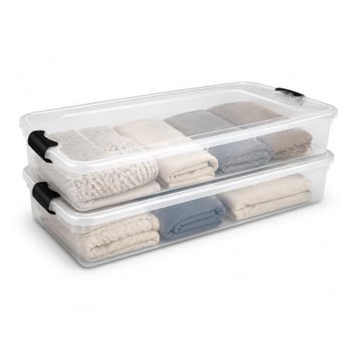 HOMZ 2-Pack Under Bed Storage, Clear Plastic Containers with Lids, 60 Quart, Gray Latch - Stackable Underbed Organizer Bins for Shoes, Bags, Clothes, and Towels