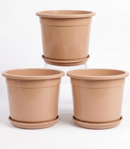 Image of 12 Inch Glossy Dune Beige Plastic Planter with Bottom Plate | Heavy Duty Flower Pot with Tray for Indoor Home Decor, Balcony, Living Room & Outdoor Garden (3 Pot, Dune Beige)