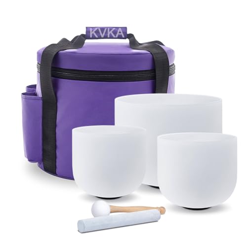 KVKA 432hz Klangschale Set of 12''C+10''F+8''A Crystal Singing Bowl Chakra White Frosted Quartz Sound Bowls for Yoga Meditation Healing Gifts mit Carry Case Bag