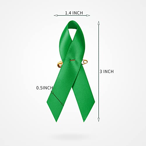 200 Pieces Green Satin Awareness Ribbons with Safety Pins for Mental Health Awareness 1.4 x 3 inch