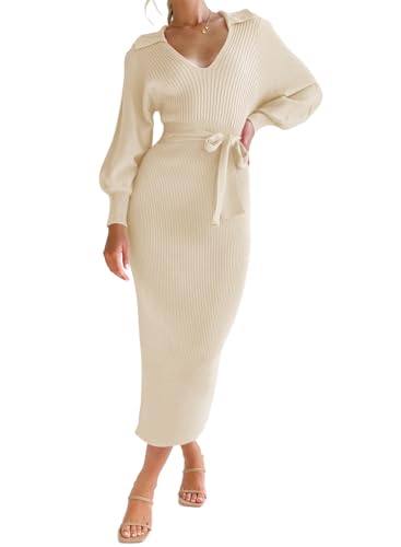 ARTFREE Women's Ribbed Sweater Wrap Dress Elegant Long Sleeve V