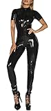 SEAUR Dessous Damen Sexy Reizwäsche Wetlook Body Leder Clubwear Overall Party Latex Catwomen Kurzarm Jumpsuit Catsuit mit Reißverschluss