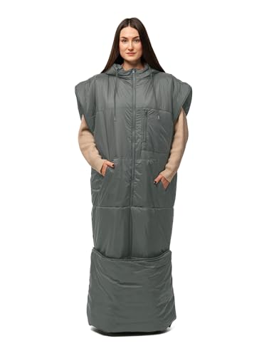 Relexit Adult Wearable Sleeping Bag with Hoodie, Sleeveless Design Adjustable Drawstring Waterproof Wearable Sleeping Bag Ideal for Camping, Cold Weather Gray