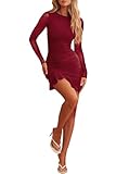 firfig Women's Christmas Dress Mesh Long Sleeve Ruched Bodycon Ruffle Hem Holiday Party Cocktail Mini Short Dress, Wine Red Small