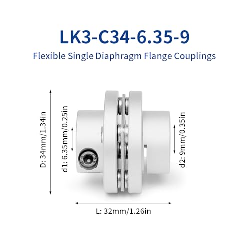6,35 mm bis 9 mm Flexible Flanschmembrankupplung, D34 L32 Aluminium 1 Membranmotorwellenkupplung für 3D-Drucker CNC-Maschine Servomotor