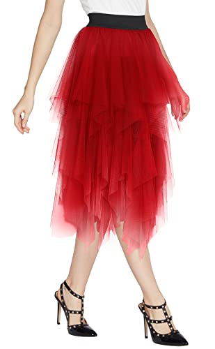 Urban CoCo Women's Sheer Tutu Skirt Tulle Mesh Layered Midi Skirt (M, Red)