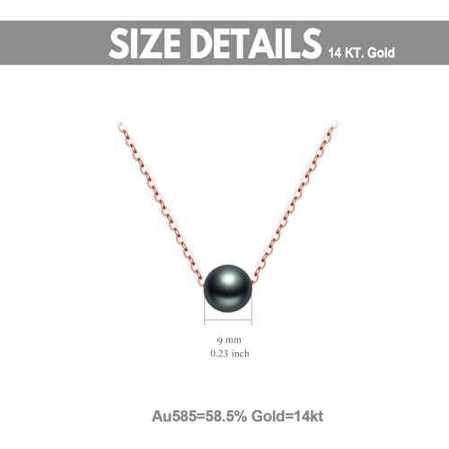 14K Solid Gold Tahitian Black Pearl Necklace, 9-10mm Round Cultured Black Pearl Pendant, Floating Pearl Choker Necklace for Women4