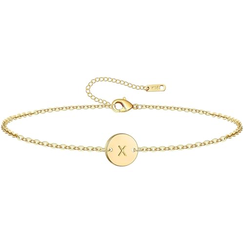 Personalized Initial Bracelet, 18K Gold Plated Stainless Steel Letter Bracelet Dainty Coin Charm Bracelet Delicate Disc Name Bracelet for Women X Gold