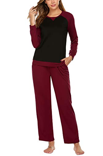 Ekouaer Women's Pajama Set Nightwear 2 Piece Loungewear Long Pants with Pocket PJ Sets Wine Red