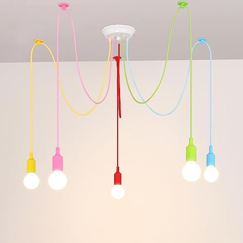 Spider Colorful Pendant Light, Kids Fun Chandelier Fixtures, Ajustable DIY Ceiling Lamp for Girls Boy Room, Playroom,Classroom, Living Room, Dining Room E26, 5 Lights