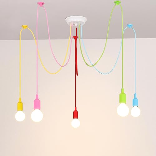 Ymlii Spider Colourful Pendant Light, Kids Fun Chandelier Fixtures, Adjustable DIY Ceiling Lamp for Girls Boy Room, Playroom, Classroom, Living Room, Dining Room E26, 5 Lights