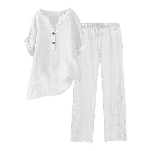 Conjunto de 2 piezas de lino para mujer, camisa y pantalones con botones, casual, holgado, para playa, vacaciones, verano, blanco, 3XL