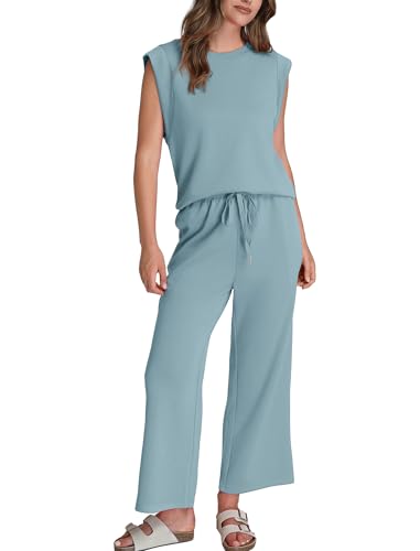Image of SAMPEEL Two Piece Sets for Women Casual Travel Vacation Outfits Summer Wide Leg Crop Pants Lounge Sets