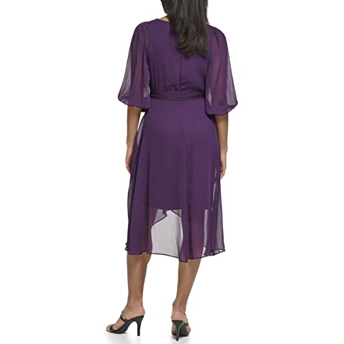 Image of DKNY Women's Chiffon Balloon Sleeve Faux Wrap Midi Dress with High-Low Hem